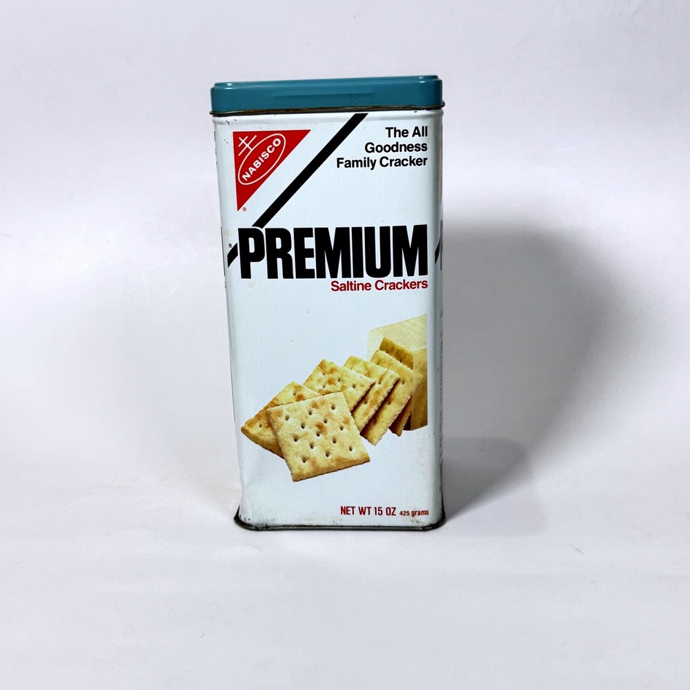 Vintage 1978 Nabisco Premium Saltine Crackers Tin Blue Lid 15 oz Collectible